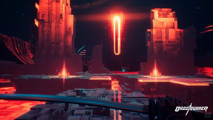 Ghostrunner video game screenshot with katana