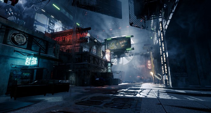 Cyberpunk alleyway in Ghostrunner video game