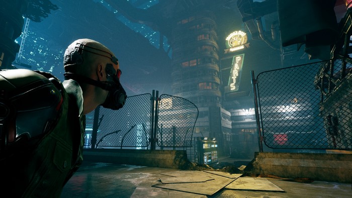 Ghostrunner character in a cyberpunk city