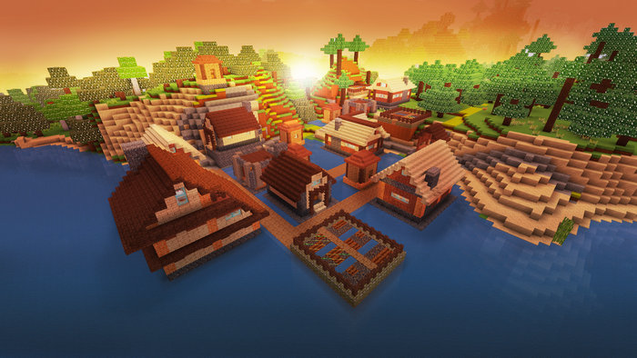 Minecraft village on a lake at sunset
