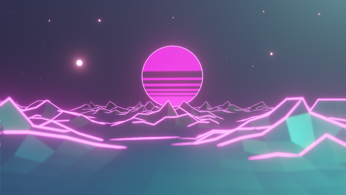 Neon digital landscape with glowing mountains and a striped sun