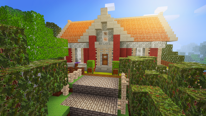 Minecraft house with brick roof and garden