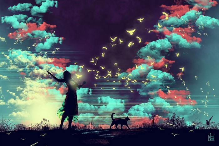 Girl releasing birds with cat in surreal sky