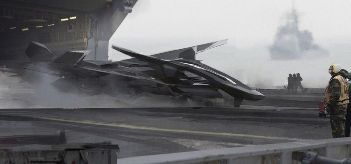 Science fiction aircraft on an aircraft carrier