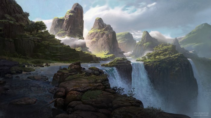 SpellForce 3 digital art landscape with mountains and waterfalls