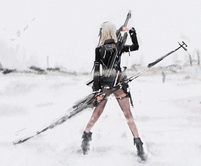 Anime girl with blonde hair holding a large weapon