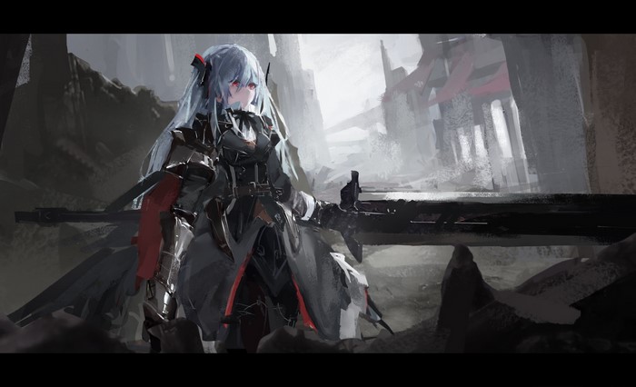 Anime girl with silver hair and sword in ruins