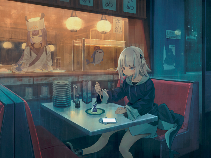 Gawr Gura and Ninomae Inanis at Cozy Cafe
