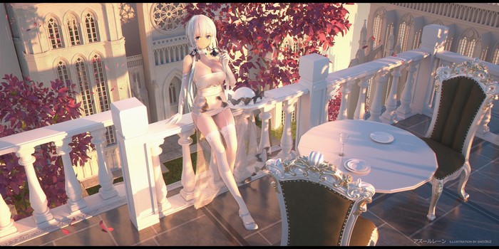 Illustrious from Azur Lane on a balcony with cake