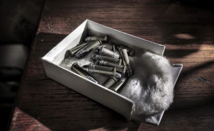 Box of .22LR ammunition with cotton
