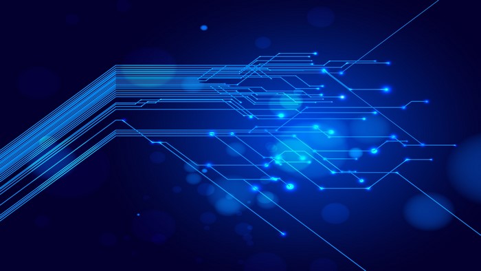 Abstract blue circuitry with glowing nodes