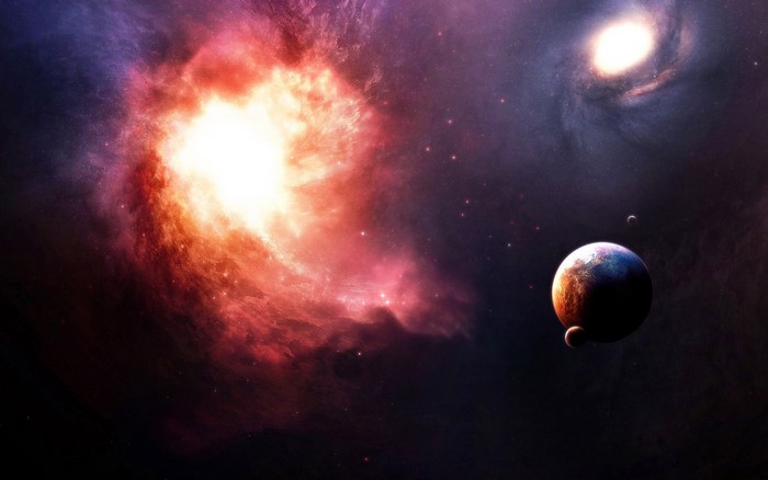 Vibrant nebula with planets and distant galaxy