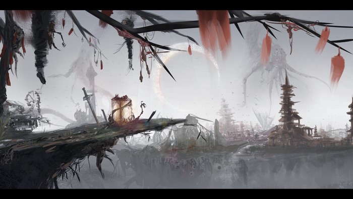 Artwork of a dark fantasy landscape with Bloodborne elements
