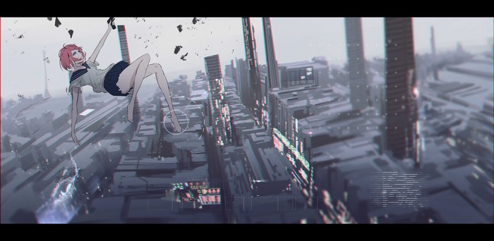 Anime girl in school uniform falling in a futuristic cityscape