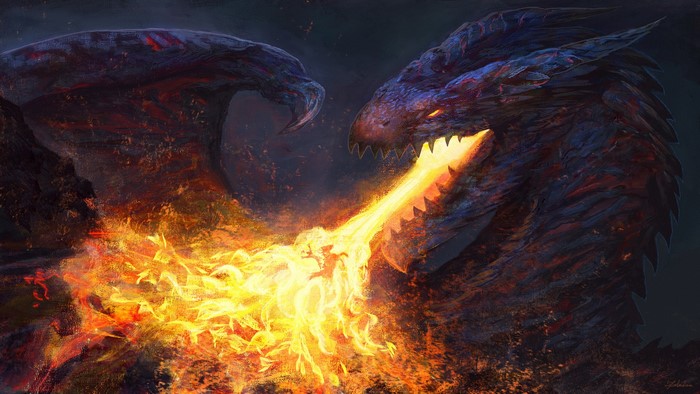 Dragon breathing fire in a dark fantasy battle