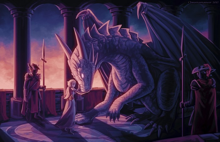 Dragon with a girl and guards