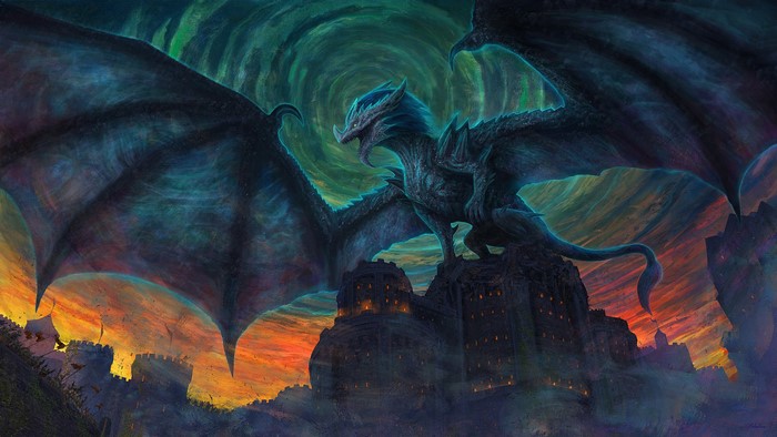 Dragon perched on a castle with swirling sky