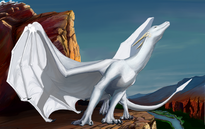 White dragon on a rocky cliff