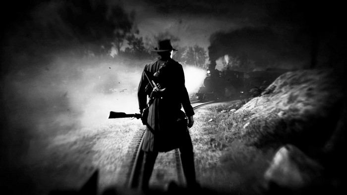 Cowboy with rifle on train tracks in Red Dead Redemption 2