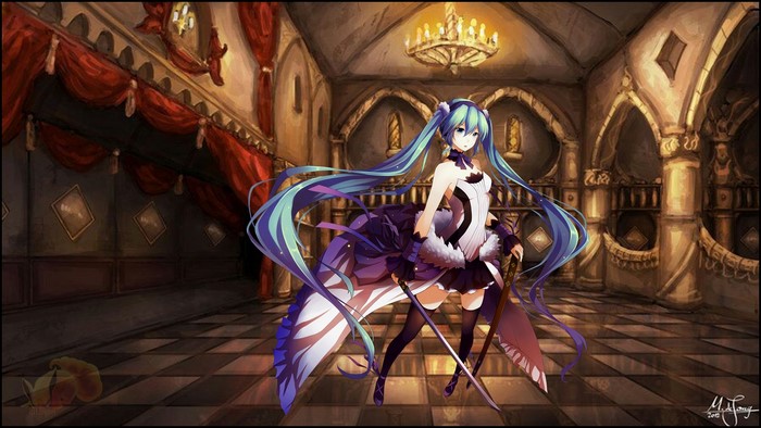 Hatsune Miku with swords in a ballroom