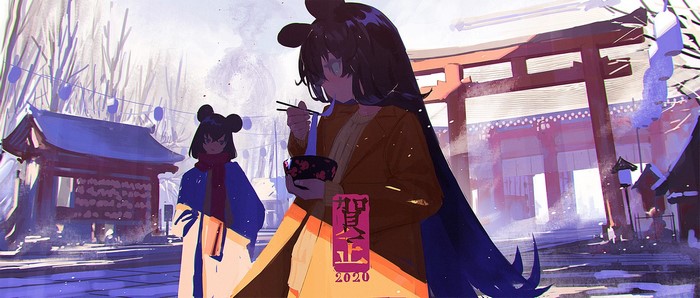 Anime girls with mouse ears at a shrine in winter