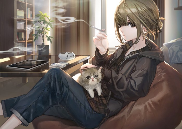 Anime girl smoking with cat and tablet