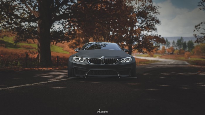 Matte black BMW M4 Widebody in autumn scenery