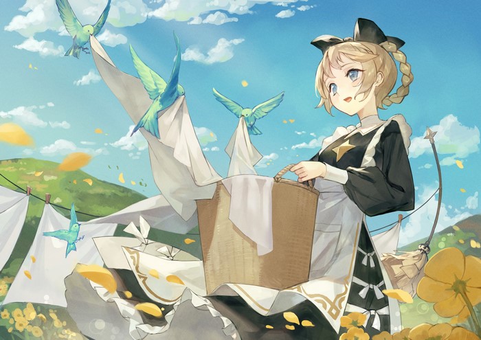 Anime girl in maid outfit with birds and laundry