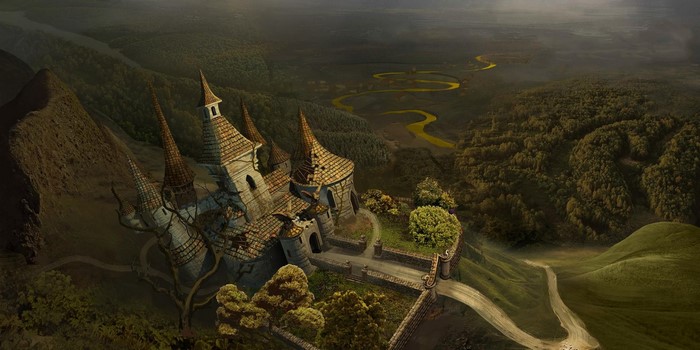 Castle on a hill overlooking a forest and river