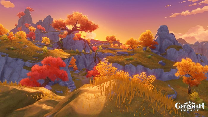 Genshin Impact landscape with autumn trees at sunset
