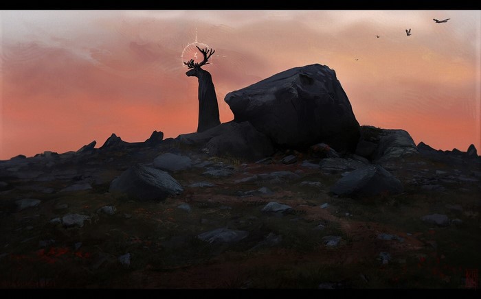 Digital painting of a deer with glowing antlers on a rocky hill