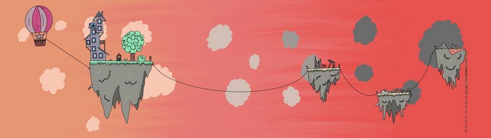 Floating islands with houses, hot air balloon, skeleton, and lava