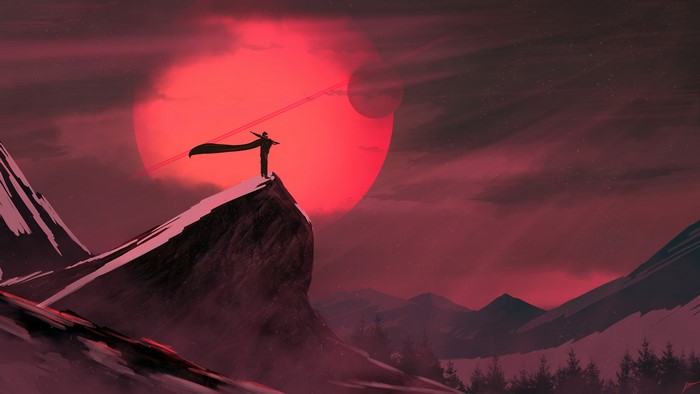 Man in cape on mountain peak with red planet