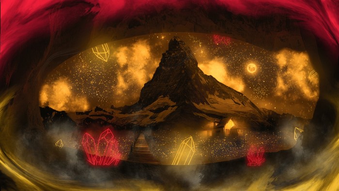 Fantasy mountain landscape with neon crystals