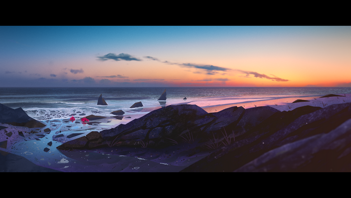Artwork of crabs on a rocky beach at sunset