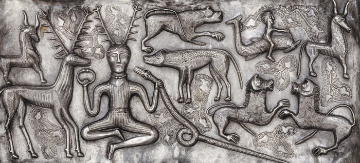 Gundestrup Cauldron panel with human figure and animals