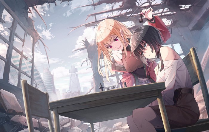Two anime girls playing chess in ruins