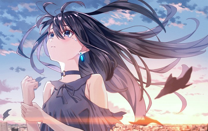 Anime girl with dark hair and blue eyes crying