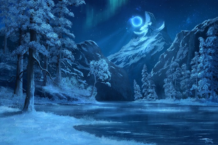 Digital artwork of a snowy mountain landscape at night