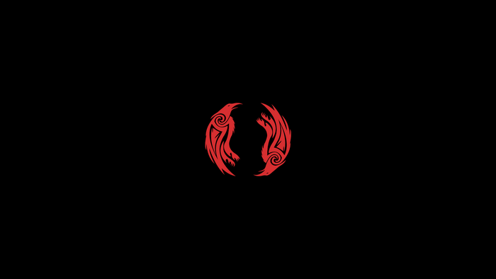 Minimalist red raven symbol on black background