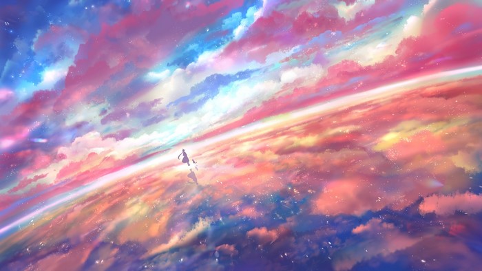 Girl walking on clouds with stars and reflection