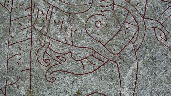Close-up of Viking runestone carvings in Sweden