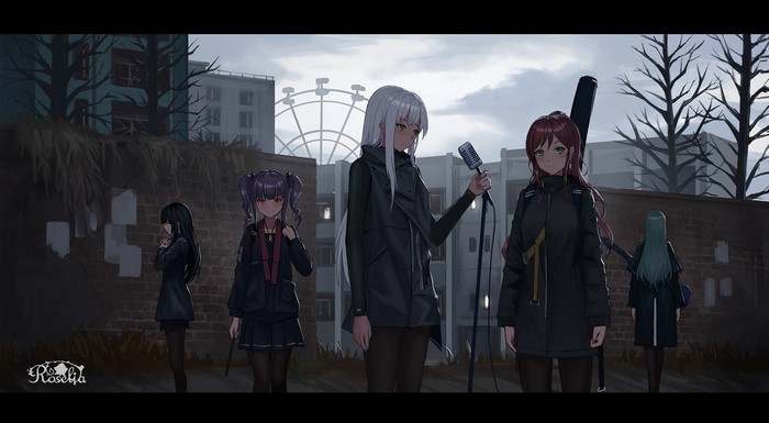 Roselia from BanG Dream! in an abandoned urban setting
