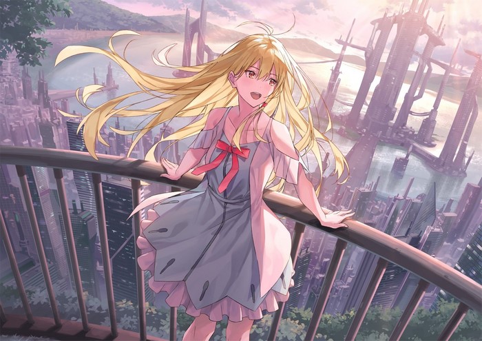 Blonde girl in a dress overlooking a futuristic cityscape