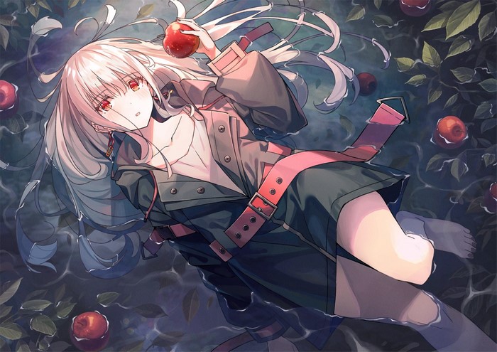 Anime girl with silver hair and red eyes holding an apple