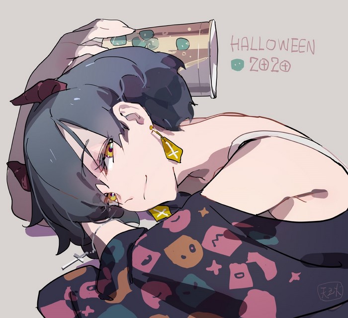 Anime girl with horns and yellow eyes holding a drink