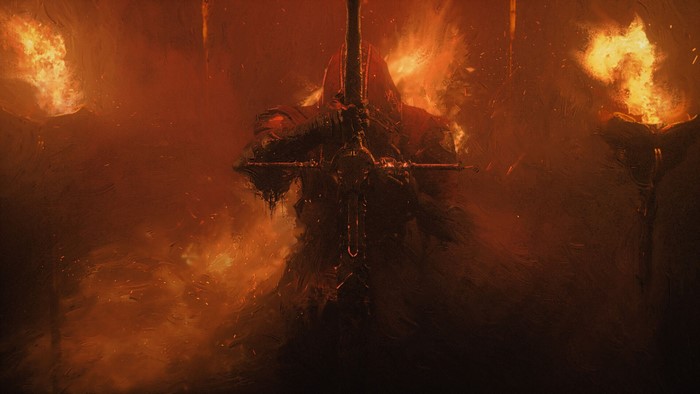 Knight with sword in fire from Mortal Shell