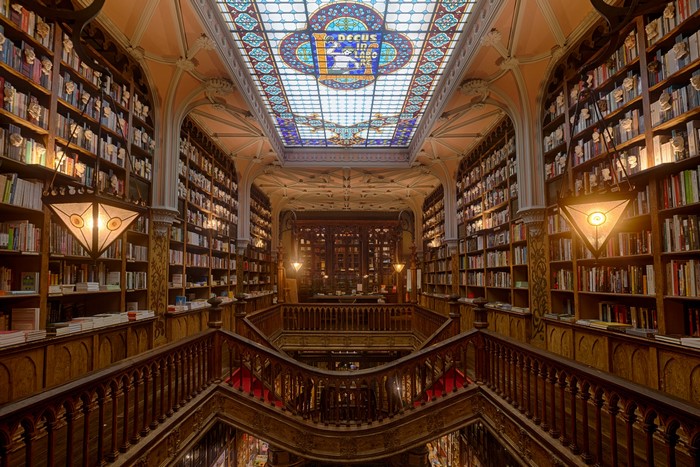 Interior of Livraria Lello bookstore in Porto, Portugal