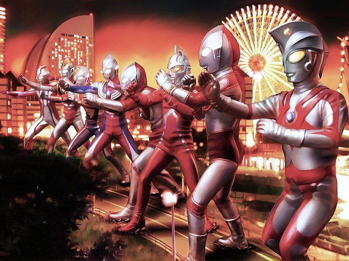 Ultraman characters in a city at night