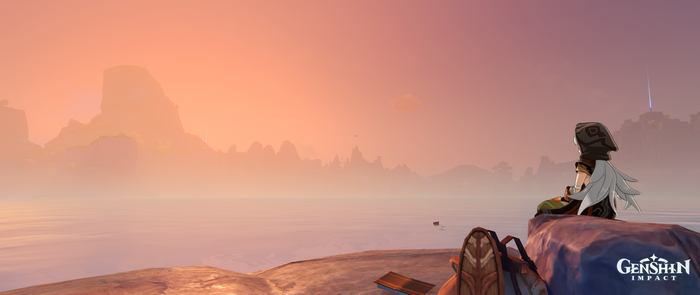 Razor from Genshin Impact sitting by the water at sunset
